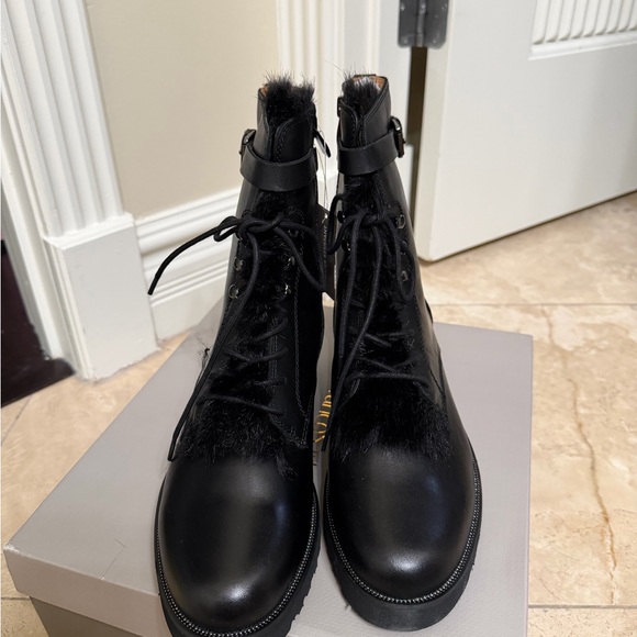 Franco Sarto Black Fur Trim Combat Boots - Picture 4 of 5